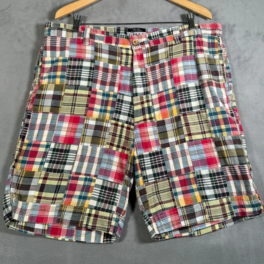 Snake Eyes Mens Golf Shorts Size 38 Red Green Madras Plaid Patchwork 7.5
